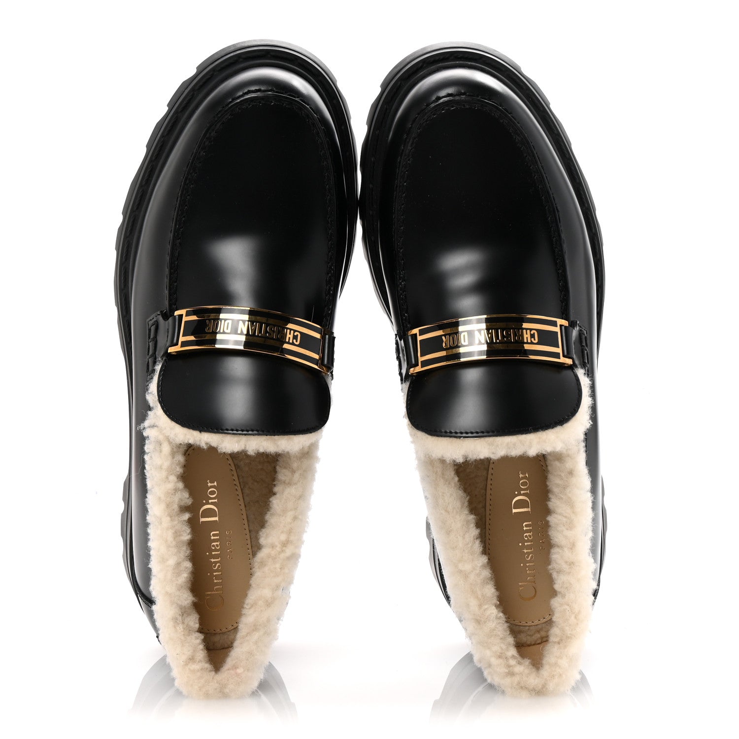 Christian Dior Brushed Calfskin Shearling Dior Code Lug Sole 15mm Loafers 41 Black Natural 2 of 9