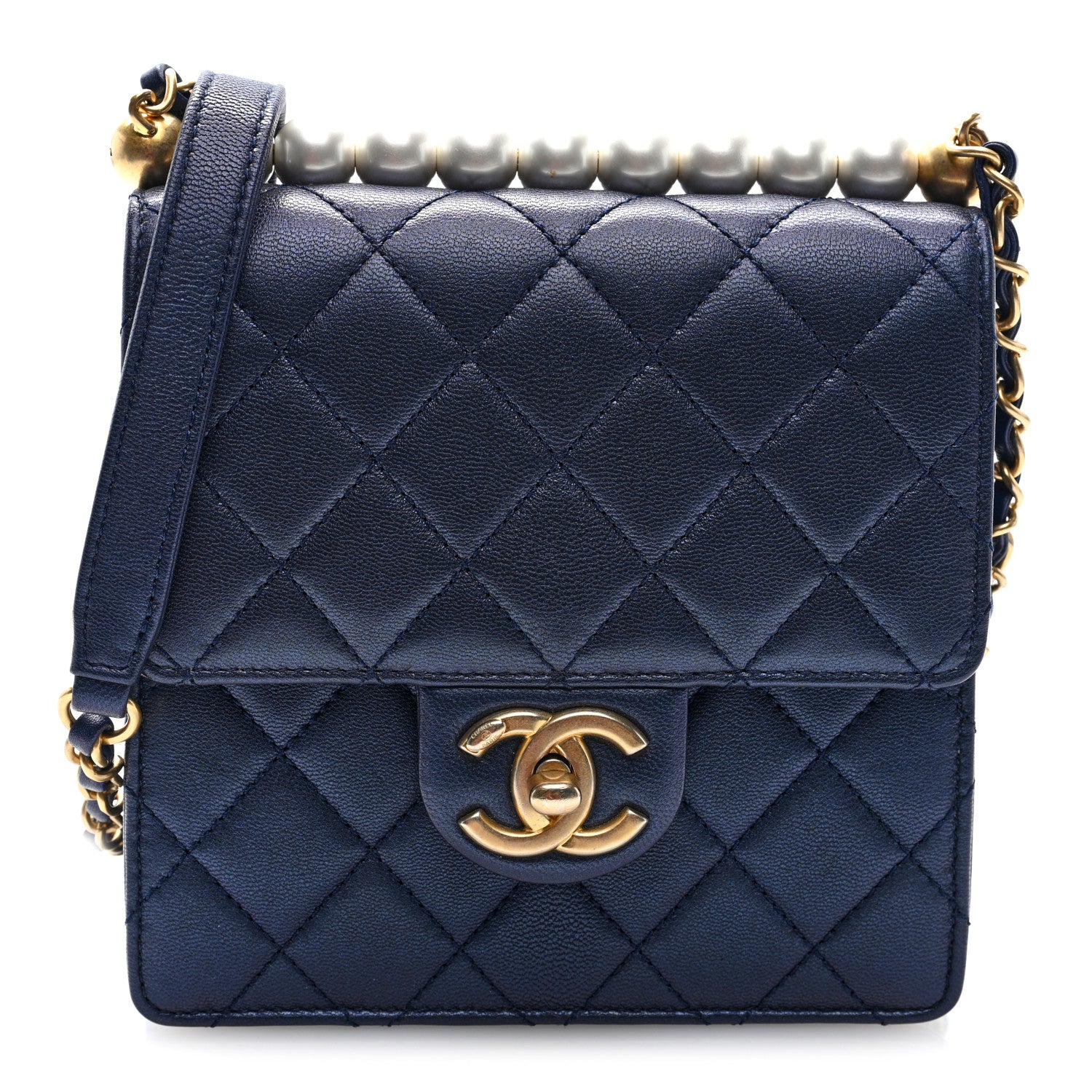 Chanel Iridescent Lambskin Quilted Chic Pearls Flap Navy Blue 1 of 10