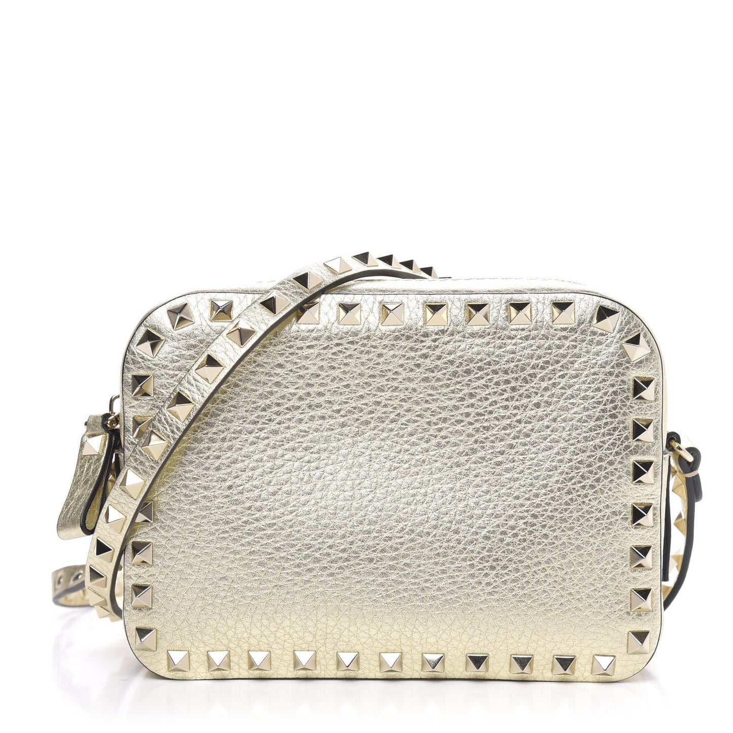 Metallic Pebbled Calfskin Rockstud Camera Crossbody Bag Platino