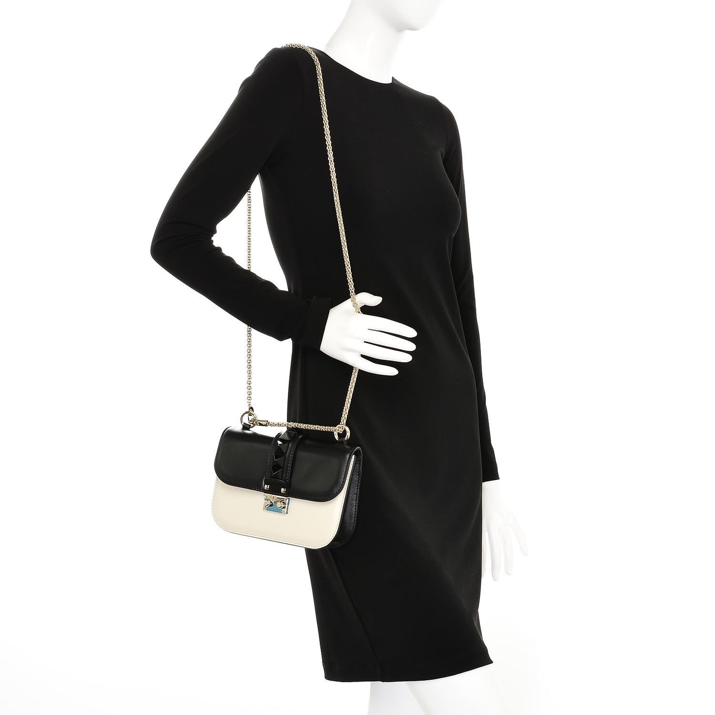 Vitello Small Glam Lock Rockstud Flap Black Light Ivory