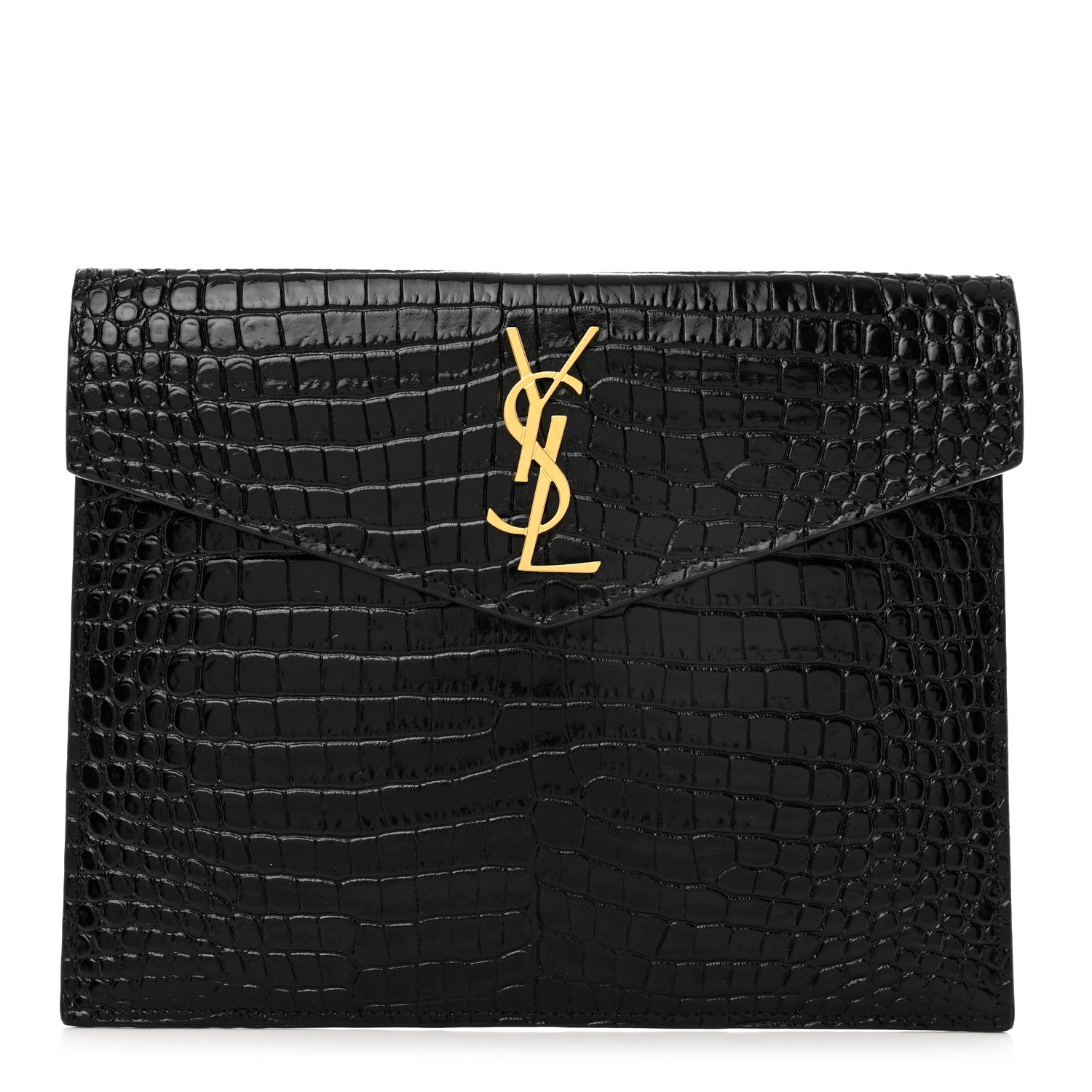 Saint Laurent Calfskin Crocodile Embossed Monogram Uptown Baby Pouch Black 1 of 6