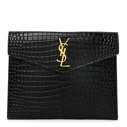 Saint Laurent Calfskin Crocodile Embossed Monogram Uptown Baby Pouch Black 1 of 6