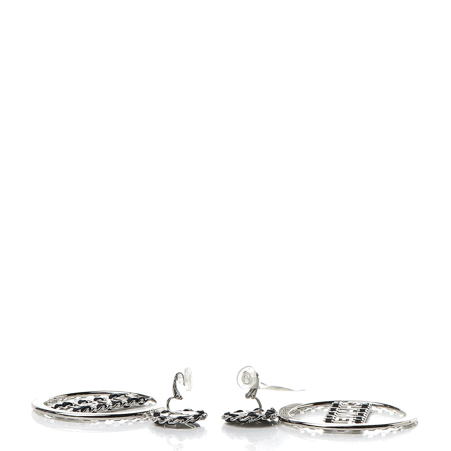 Crystal Lambskin Chain CC Hoop Clip On Earrings Black Silver