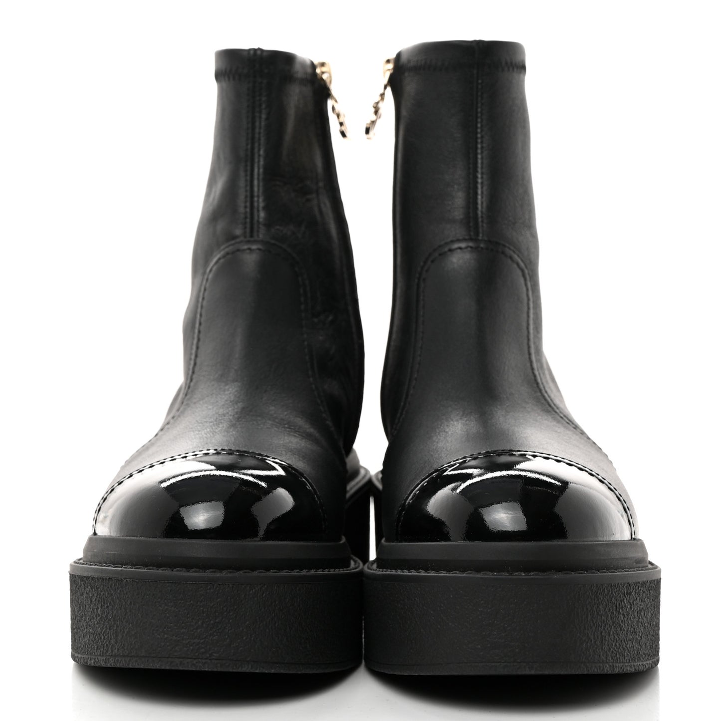 Grained Calfskin Patent Cap Toe CC Platform Ankle Boots 37.5 Black