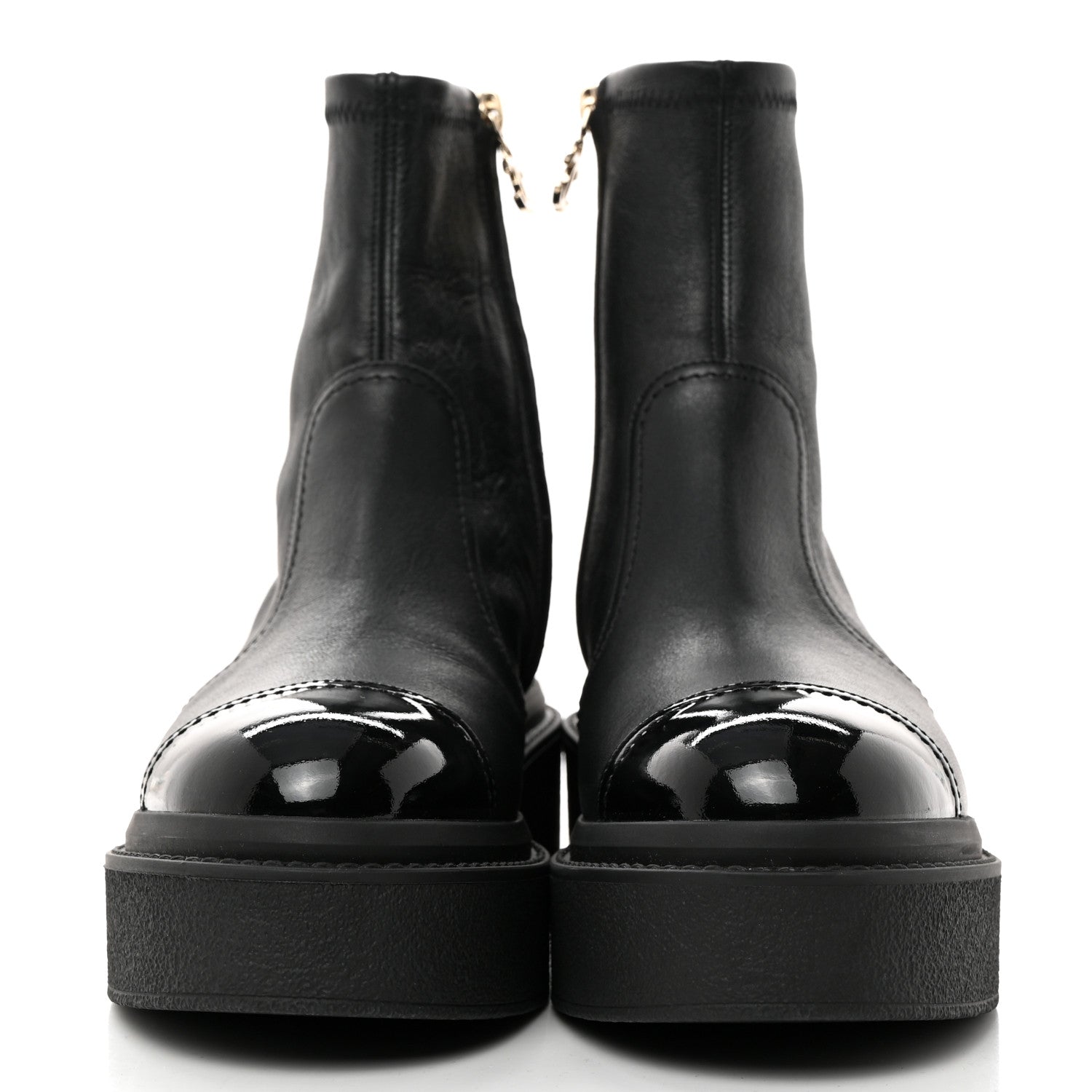 Chanel Grained Calfskin Patent Cap Toe CC Platform Ankle Boots 37.5 Black 2 of 8