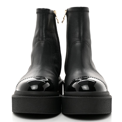 Chanel Grained Calfskin Patent Cap Toe CC Platform Ankle Boots 37.5 Black 2 of 8