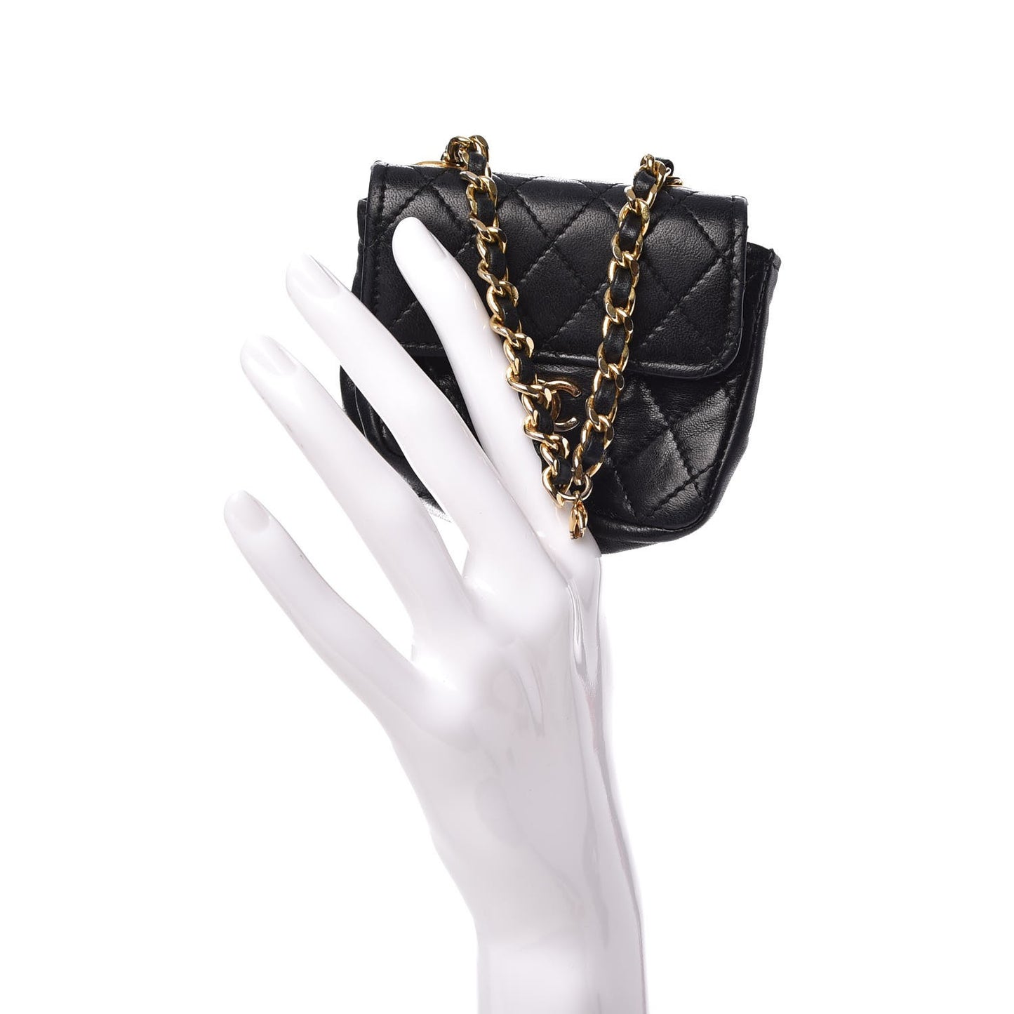 Calfskin Quilted Mini Pouch Bag Charm Keychain Black