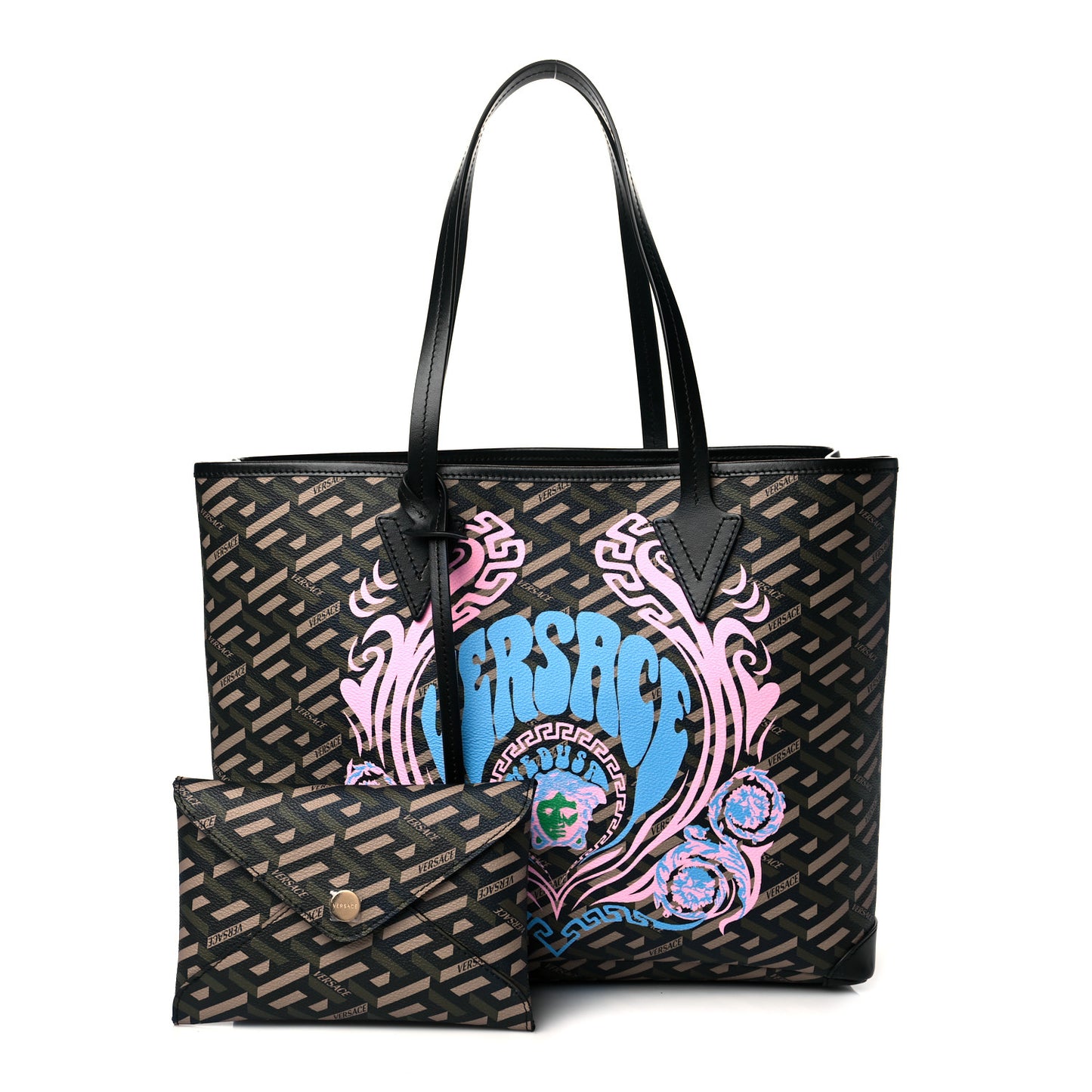 Coated Canvas Calfskin La Greca Medusa Music Signature Shopper Tote Bag Black Khaki Multicolor