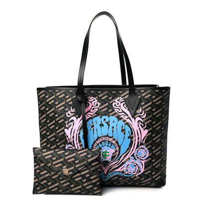 Versace Coated Canvas Calfskin La Greca Medusa Music Signature Shopper Tote Bag Black Khaki Multicolor 1 of 9
