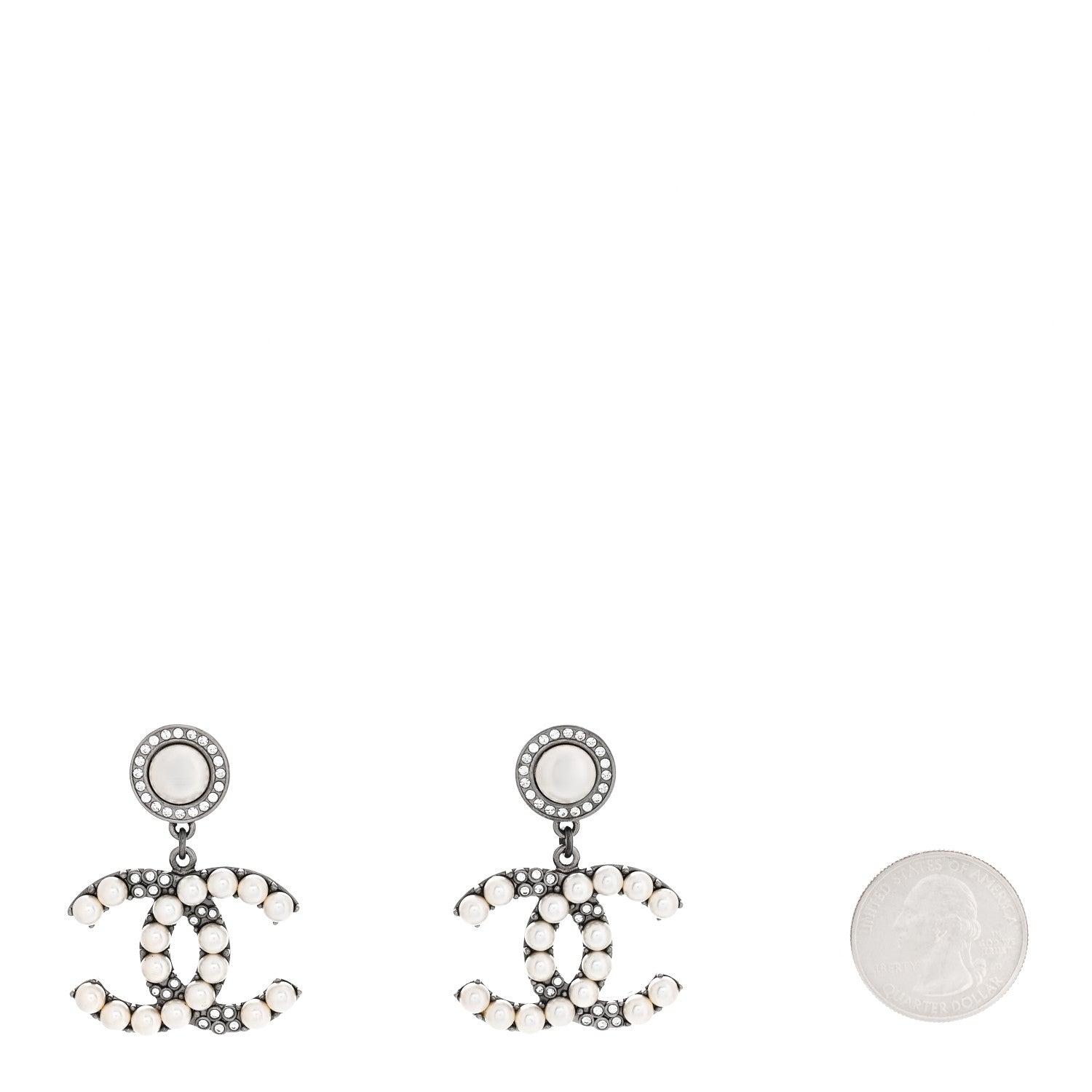 Chanel Pearl Crystal CC Drop Earrings Silver 2 of 5
