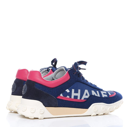 Chanel Wool Nylon Lambskin Suede Calfskin Womens Logo Sneakers 35.5 Navy Pink 4 of 9