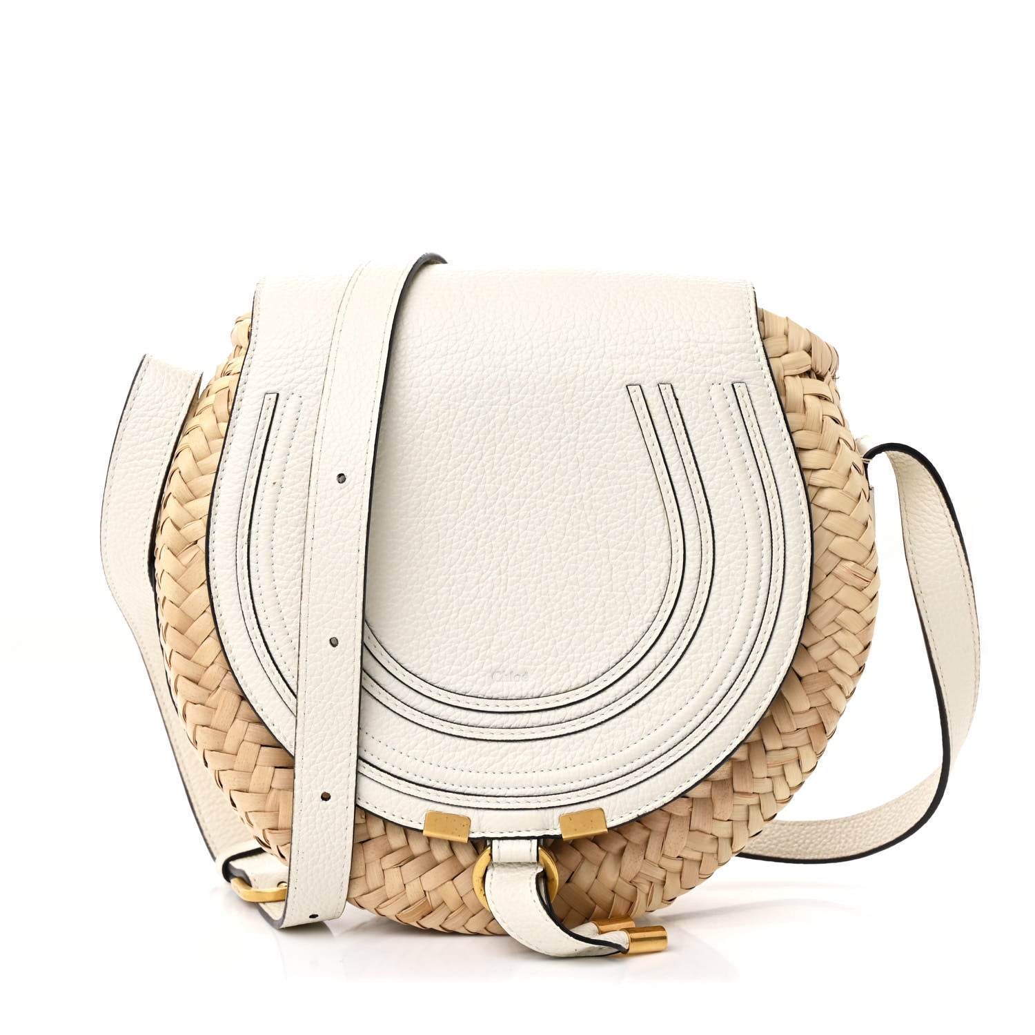Chloe Raffia Calfskin Marcie Basket Small Marcie Round Crossbody Bag White 1 of 12