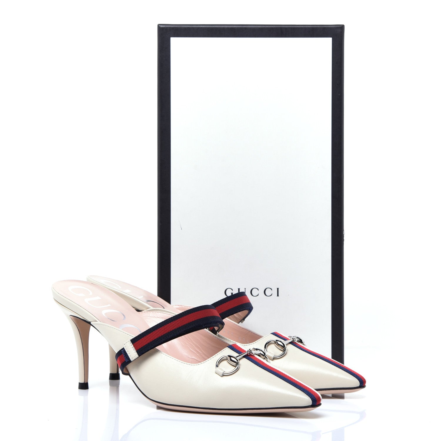 Gucci Malaga Kid Sylvie Web Cross Strap Mid-Heel Slides 40.5 Vintage White 9 of 9