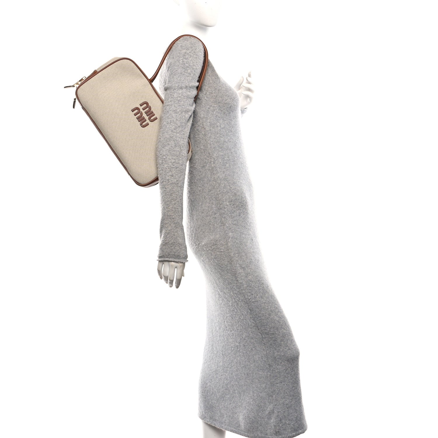 Miu Miu Canvas Calfskin Large Beau Top Handle Bag Naturale Brandy 2 of 9
