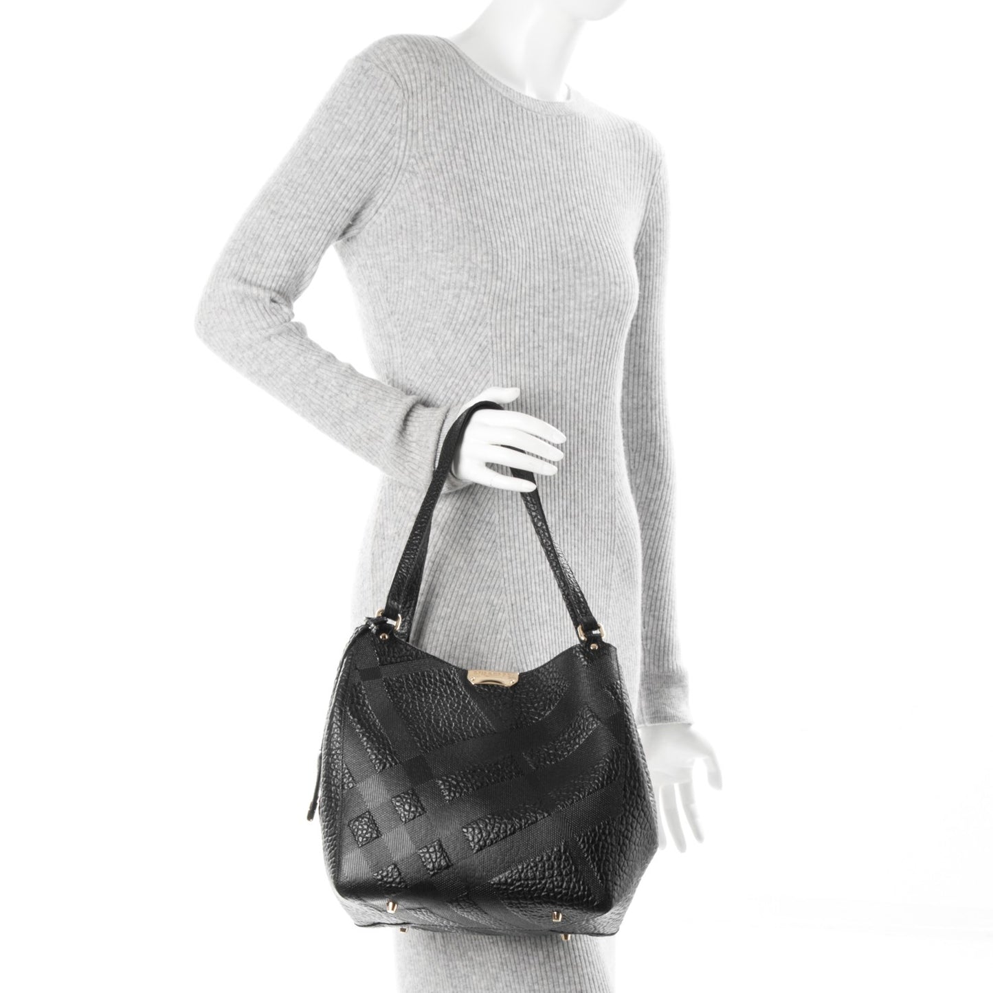 Signature Grain Calfskin Check Embossed Small Canterbury Tote Black