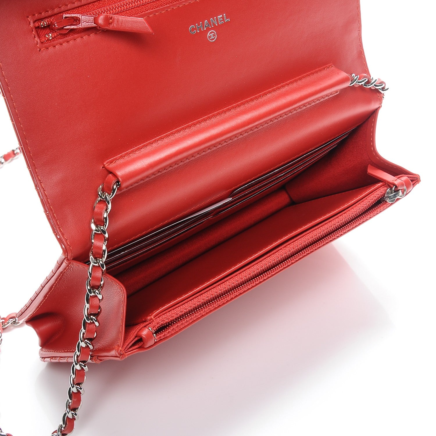 Chanel Patent Calfskin Chevron Quilted Wallet On Chain WOC Red 5 of 8