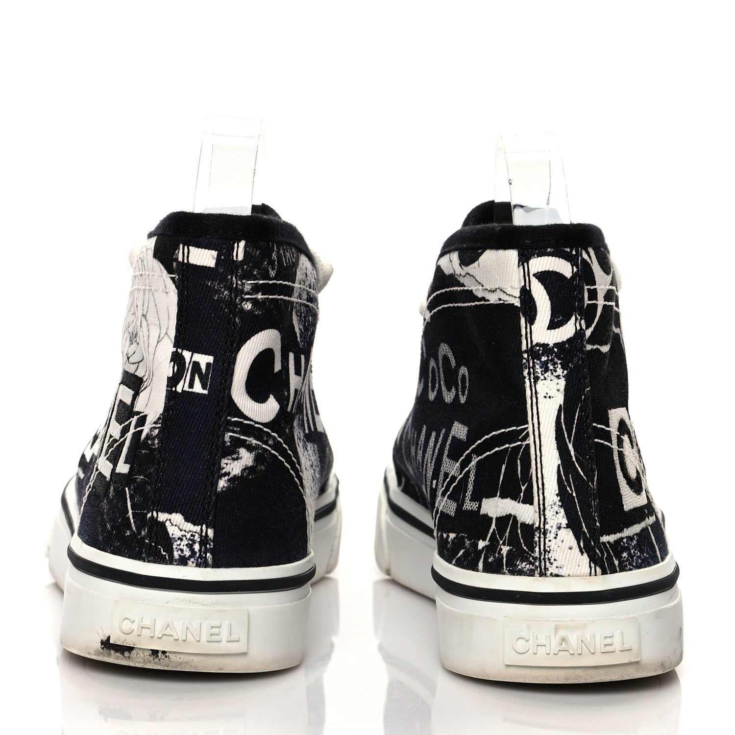 Chanel Printed Fabric High Top Logo Sneakers 37 White Black 5 of 10