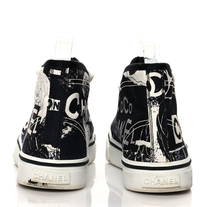 Chanel Printed Fabric High Top Logo Sneakers 37 White Black 5 of 10