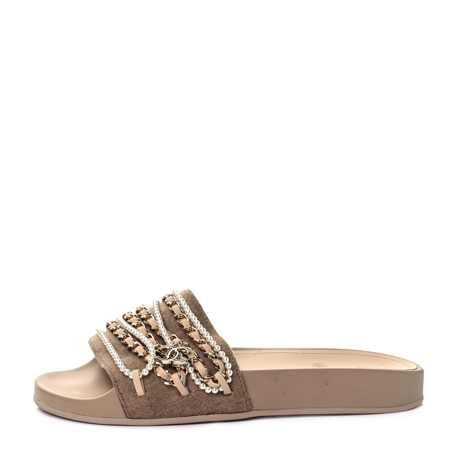 Chanel Felt Pearl Lambskin Chain Flat Sandals 37 Beige 1 of 8