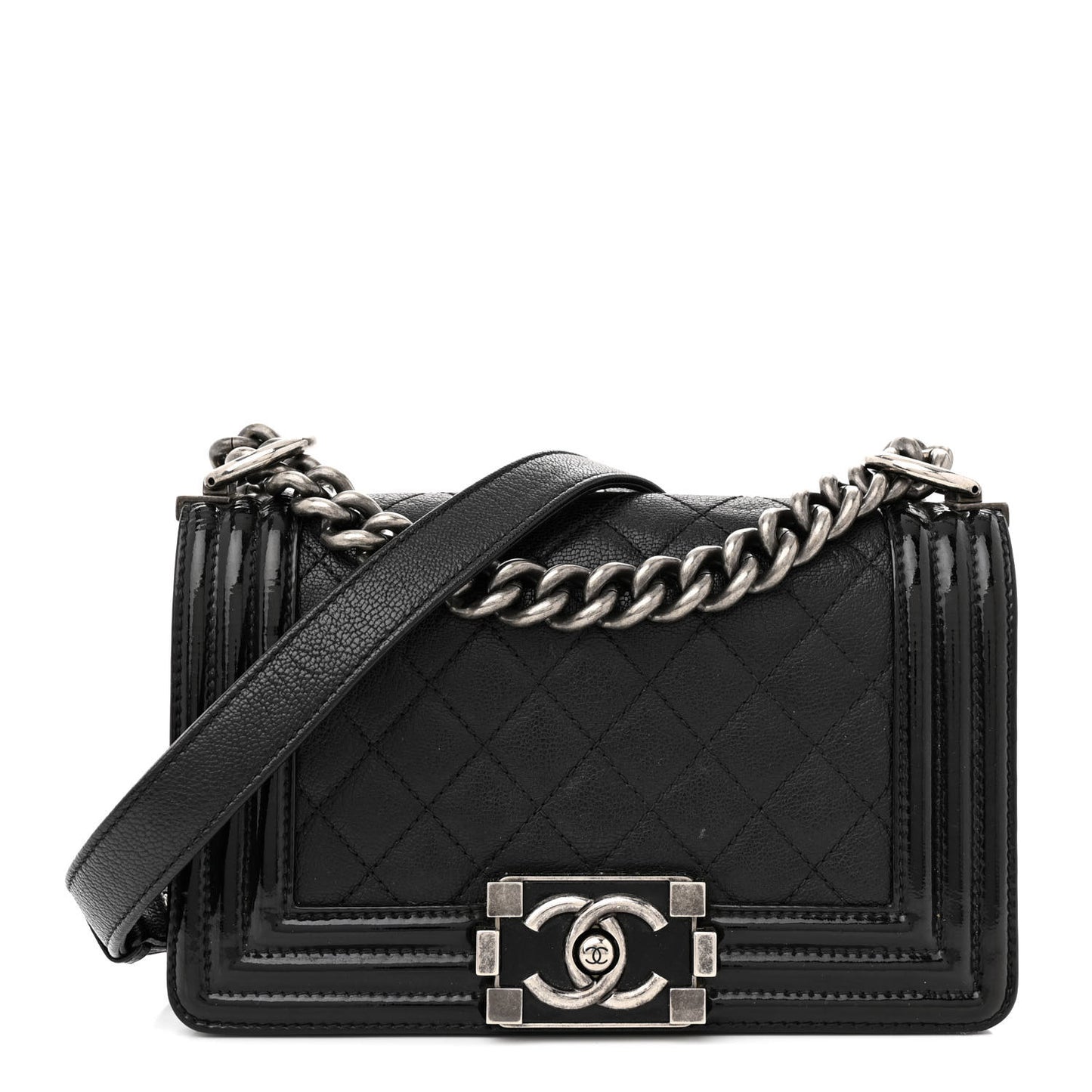 Goatskin Quilted Patent Small Duo Boy Flap Black Black