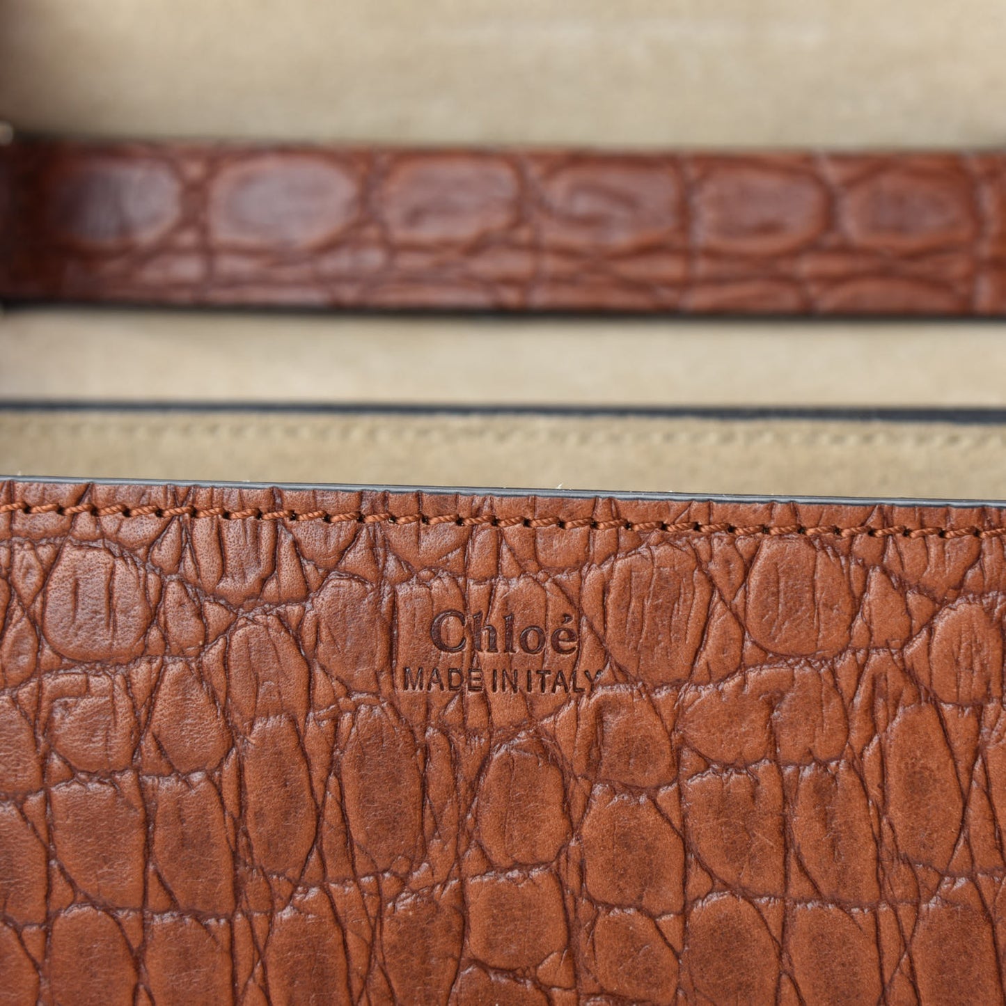 Calfskin Crocodile Embossed Drew Shoulder Bag Mahogany