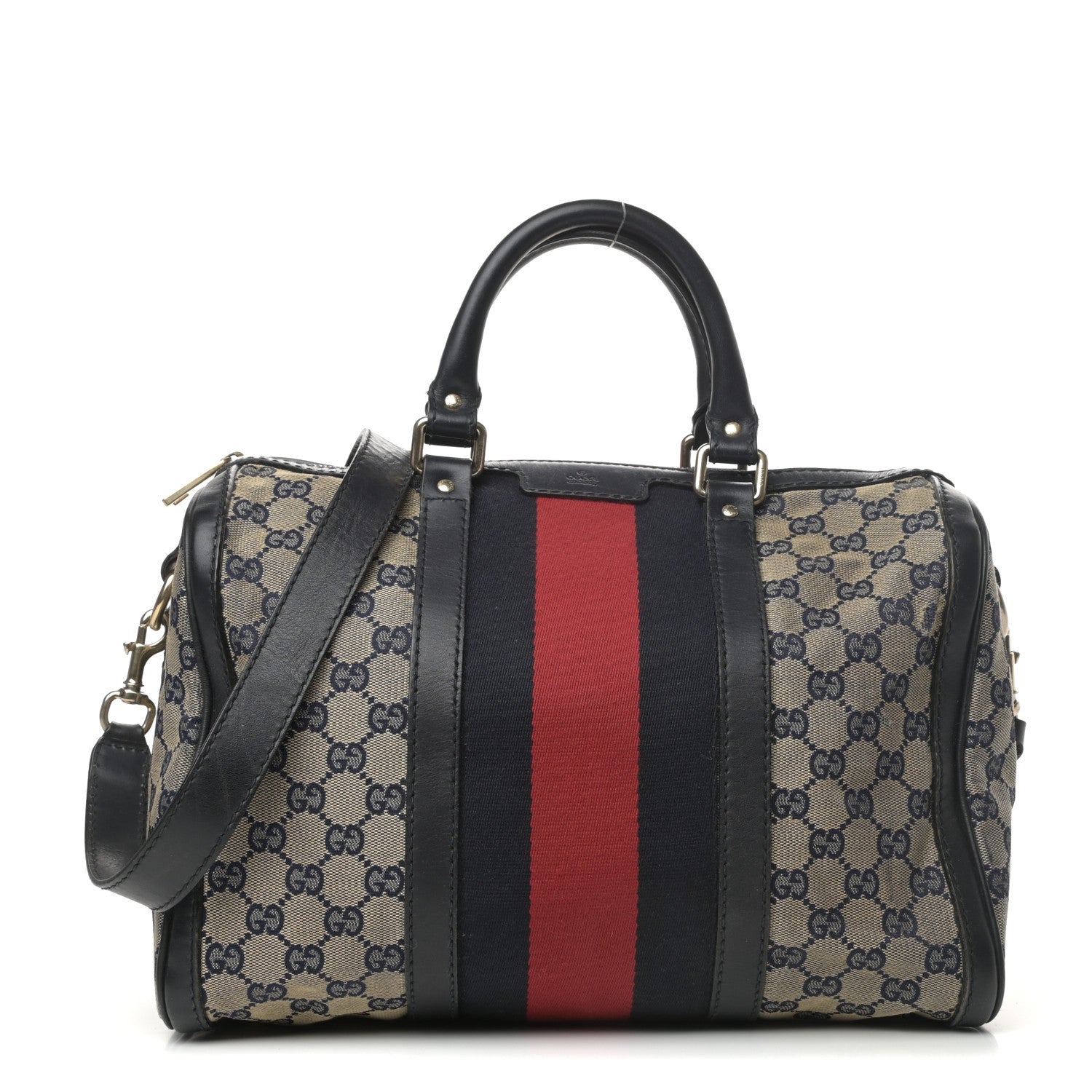 Gucci Monogram Selleria Calfskin Vintage Web Medium Boston Beige Blue 1 of 9