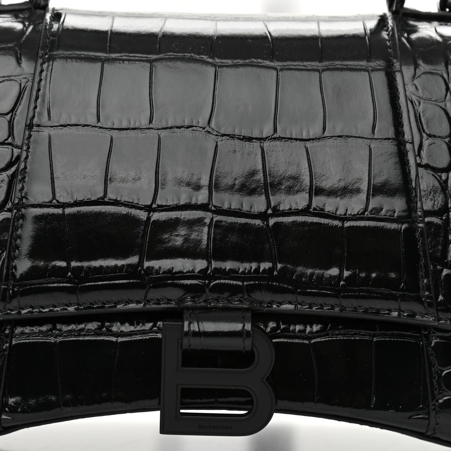 Shiny Calfskin Monochrome Crocodile Embossed Small Hourglass Top Handle Bag Black