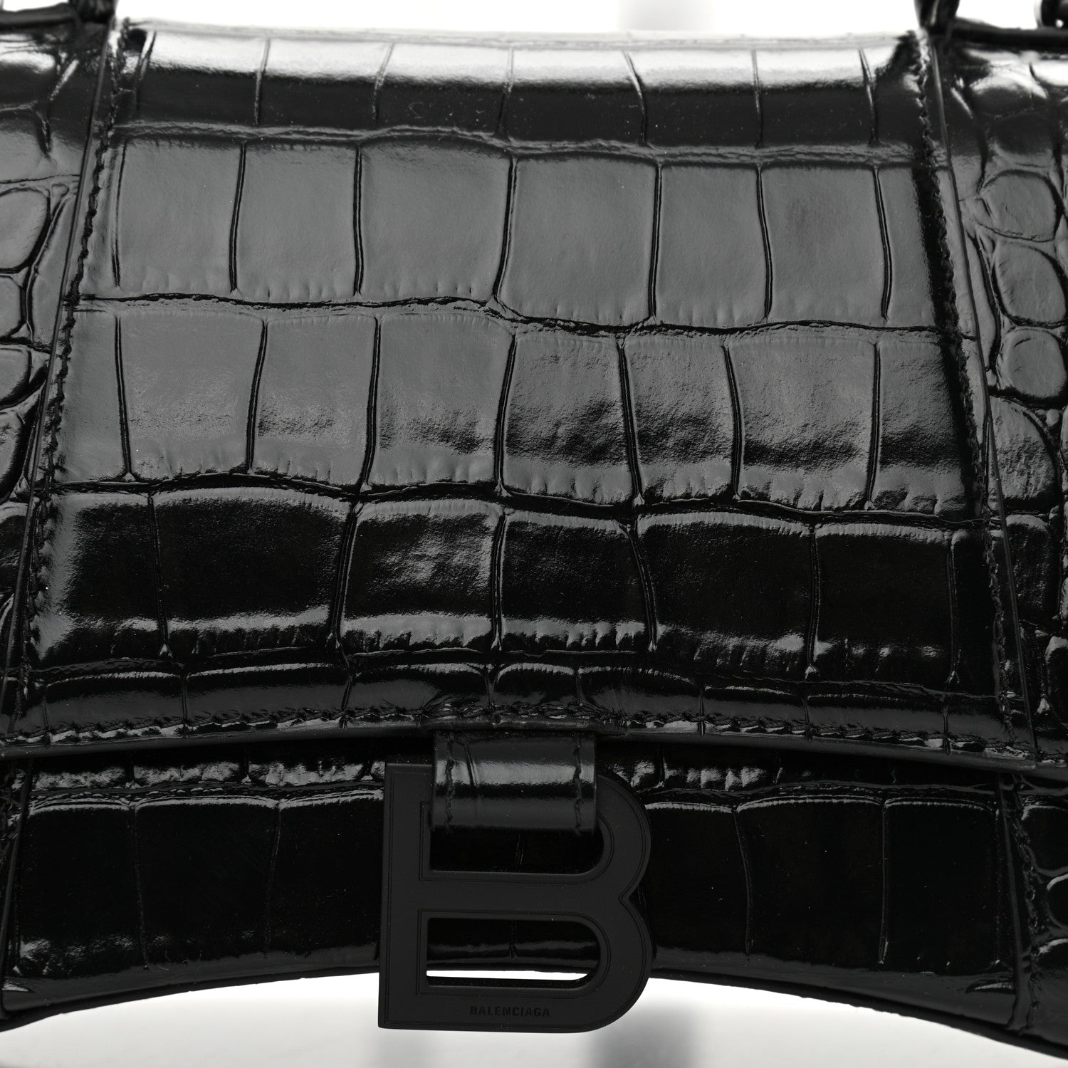 Balenciaga Shiny Calfskin Monochrome Crocodile Embossed Small Hourglass Top Handle Bag Black 7 of 8
