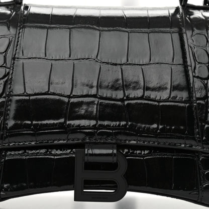 Balenciaga Shiny Calfskin Monochrome Crocodile Embossed Small Hourglass Top Handle Bag Black 7 of 8