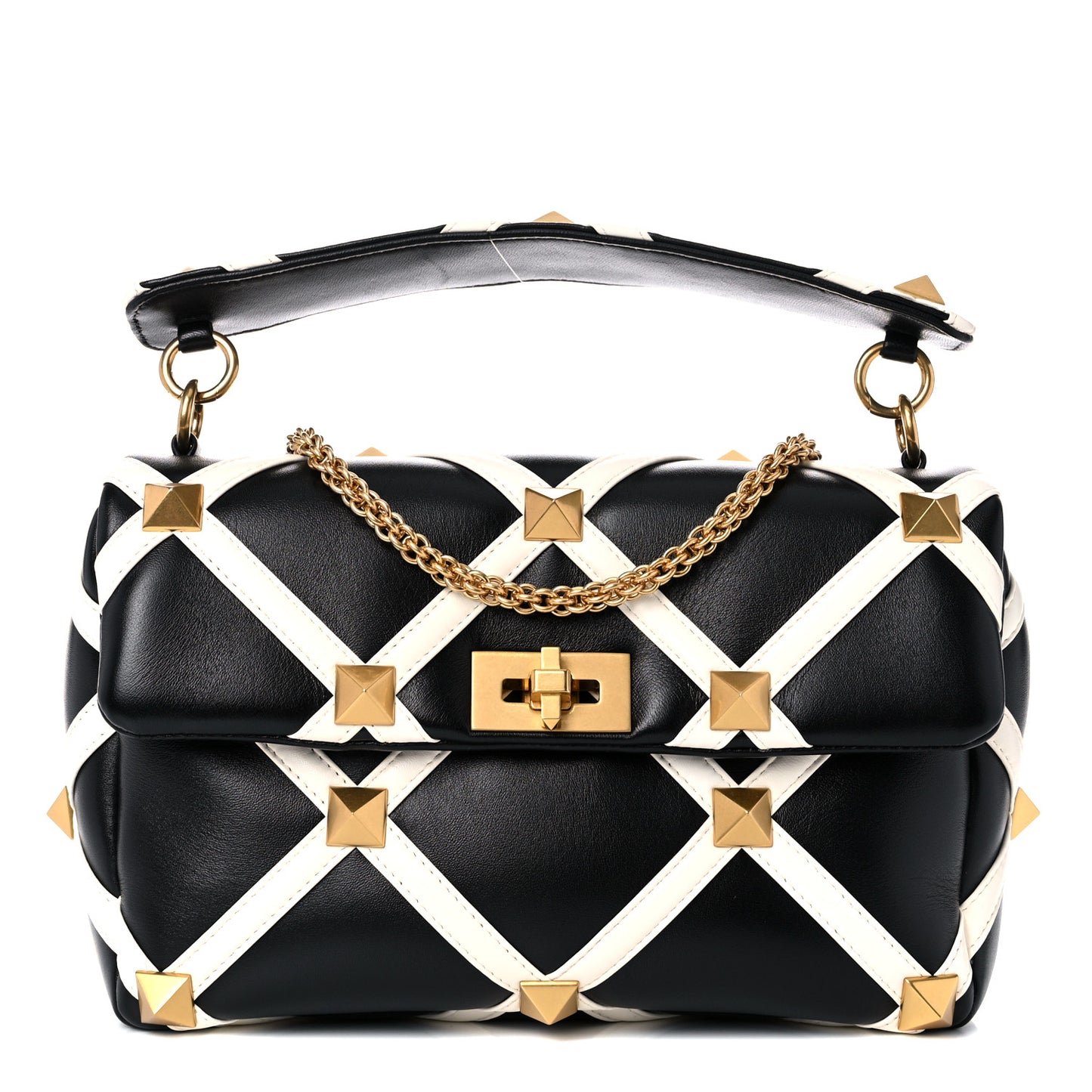 Nappa Large Roman Stud Shoulder Bag Black White