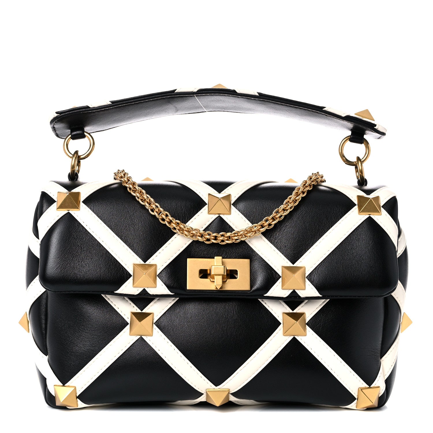 Valentino Garavani Nappa Large Roman Stud Shoulder Bag Black White 1 of 9