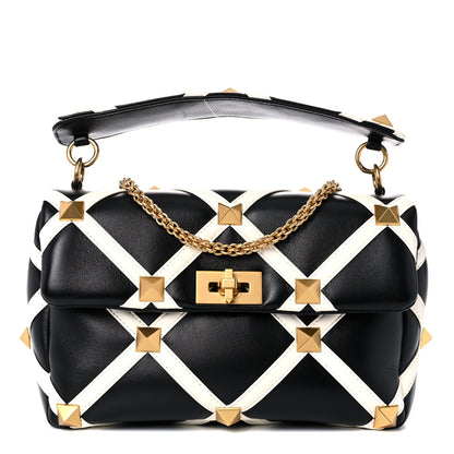 Valentino Garavani Nappa Large Roman Stud Shoulder Bag Black White 1 of 9