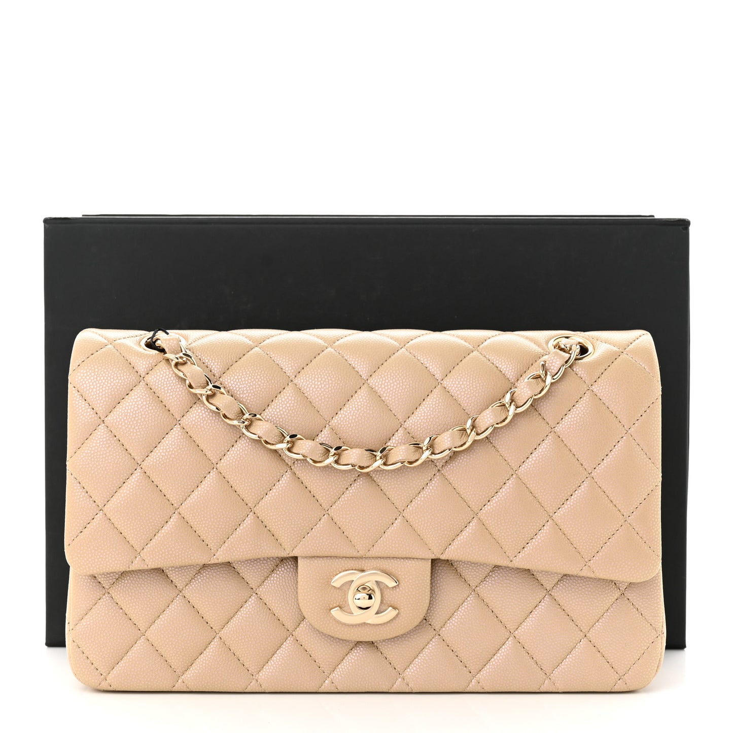 Iridescent Caviar Quilted Medium Double Flap Dark Beige