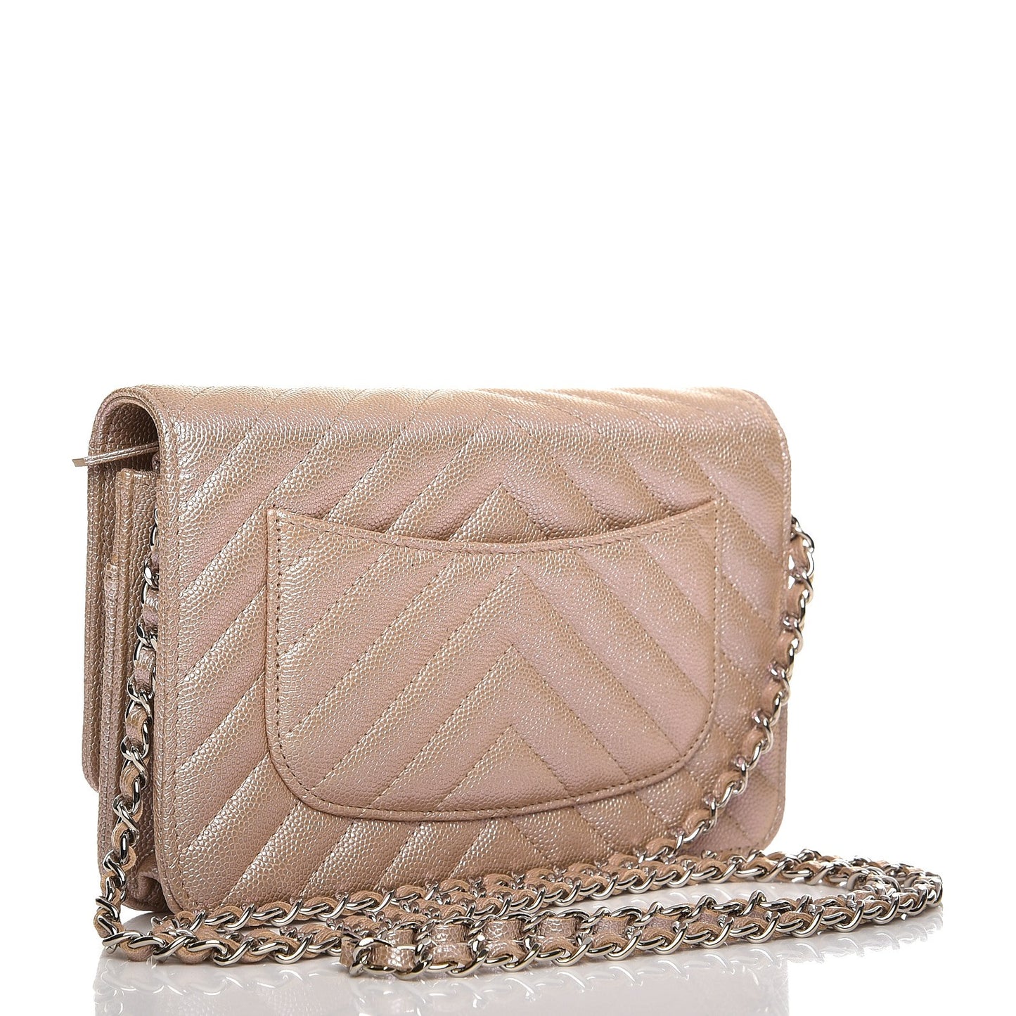 Metallic Caviar Chevron Quilted Wallet On Chain WOC Light Gold