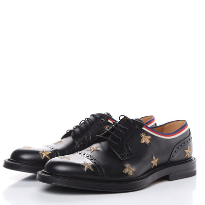 Gucci Calfskin Bee Star Embroidered Mens Captoe Derby Loafers 7 Black 3 of 10