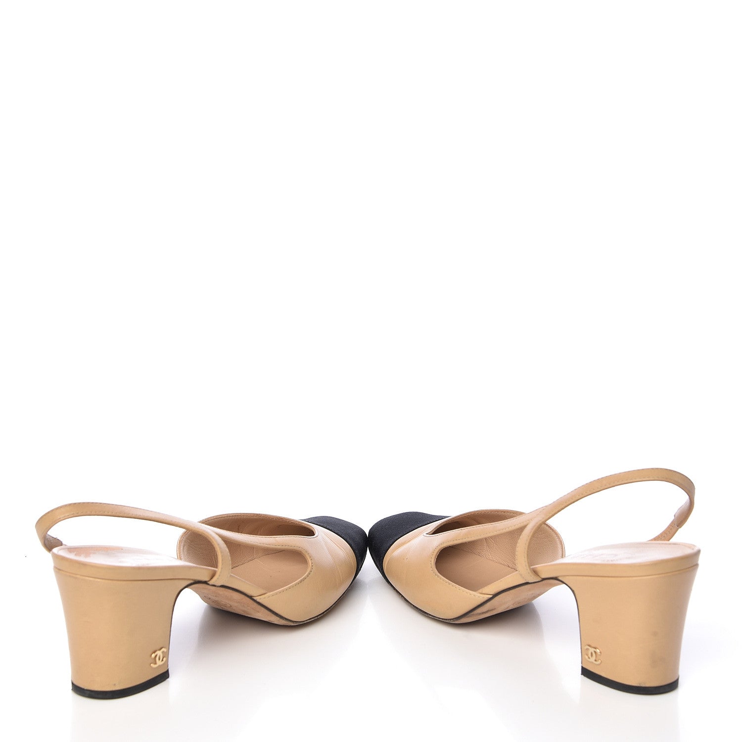 Chanel Goatskin Grosgrain Cap Toe CC Slingback Pumps 38.5 Beige Black 6 of 13