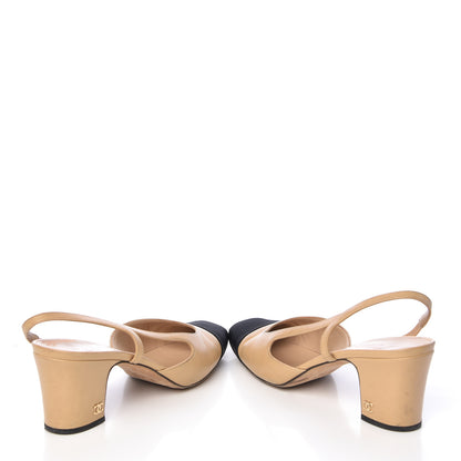 Chanel Goatskin Grosgrain Cap Toe CC Slingback Pumps 38.5 Beige Black 6 of 13