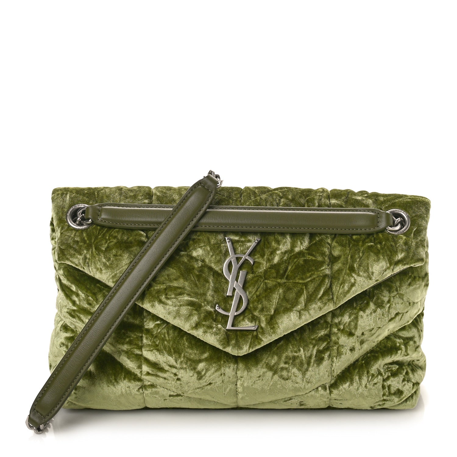 Saint Laurent Velvet Quilted Small Loulou Puffer Monogram Chain Satchel Light Avocado 1 of 8