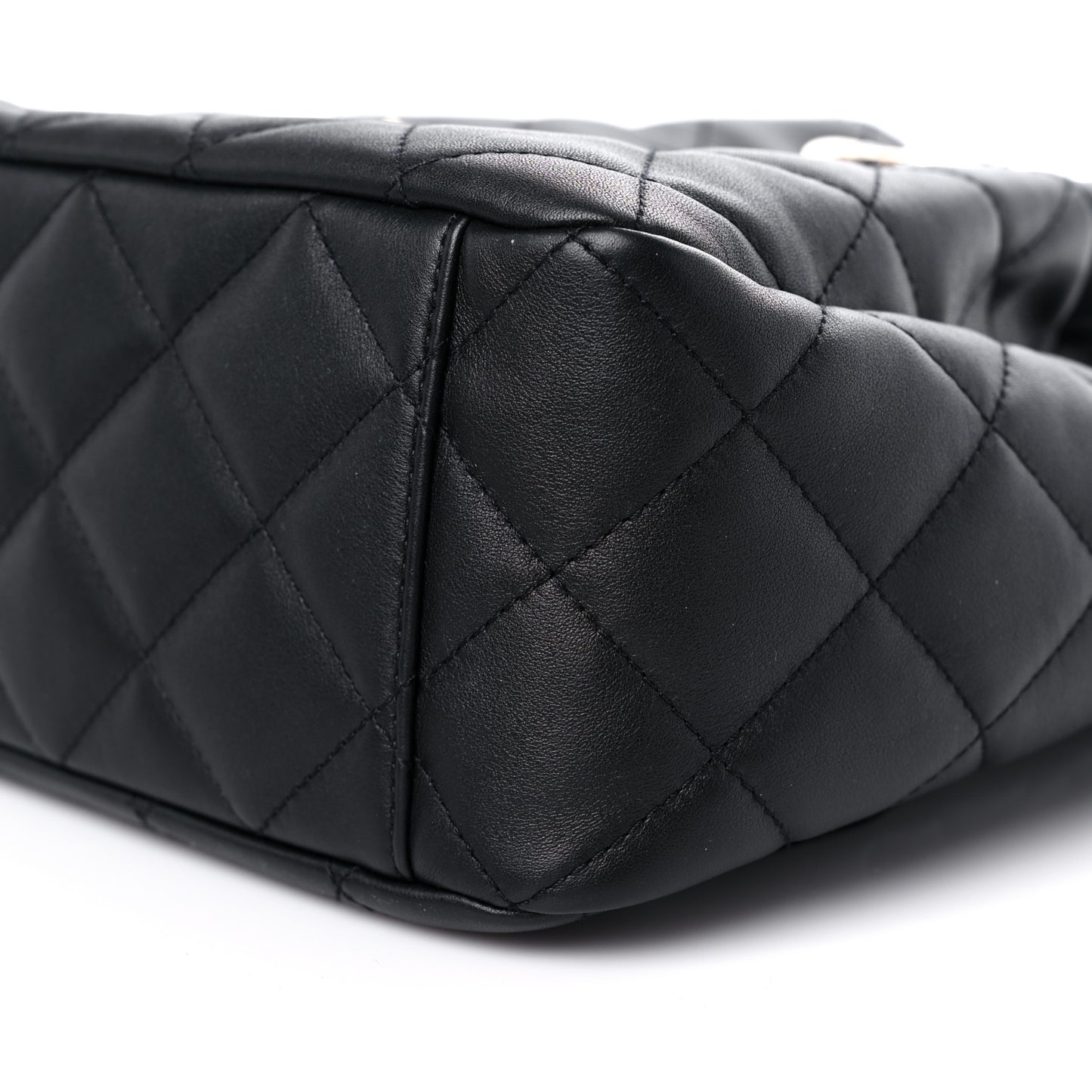 Grained Calfskin Quilted CC Chain Bucket Drawstring Bag Black