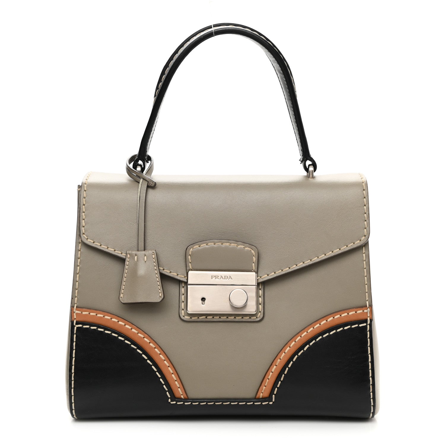 Prada Vitello Tri-Color Medium Sound Top Handle Satchel Grigio Black 1 of 18