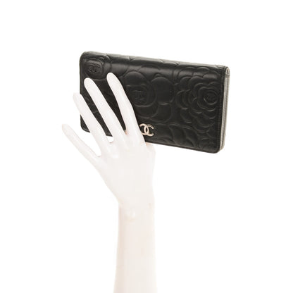 Chanel Lambskin Camellia Embossed Yen Wallet Black 2 of 8