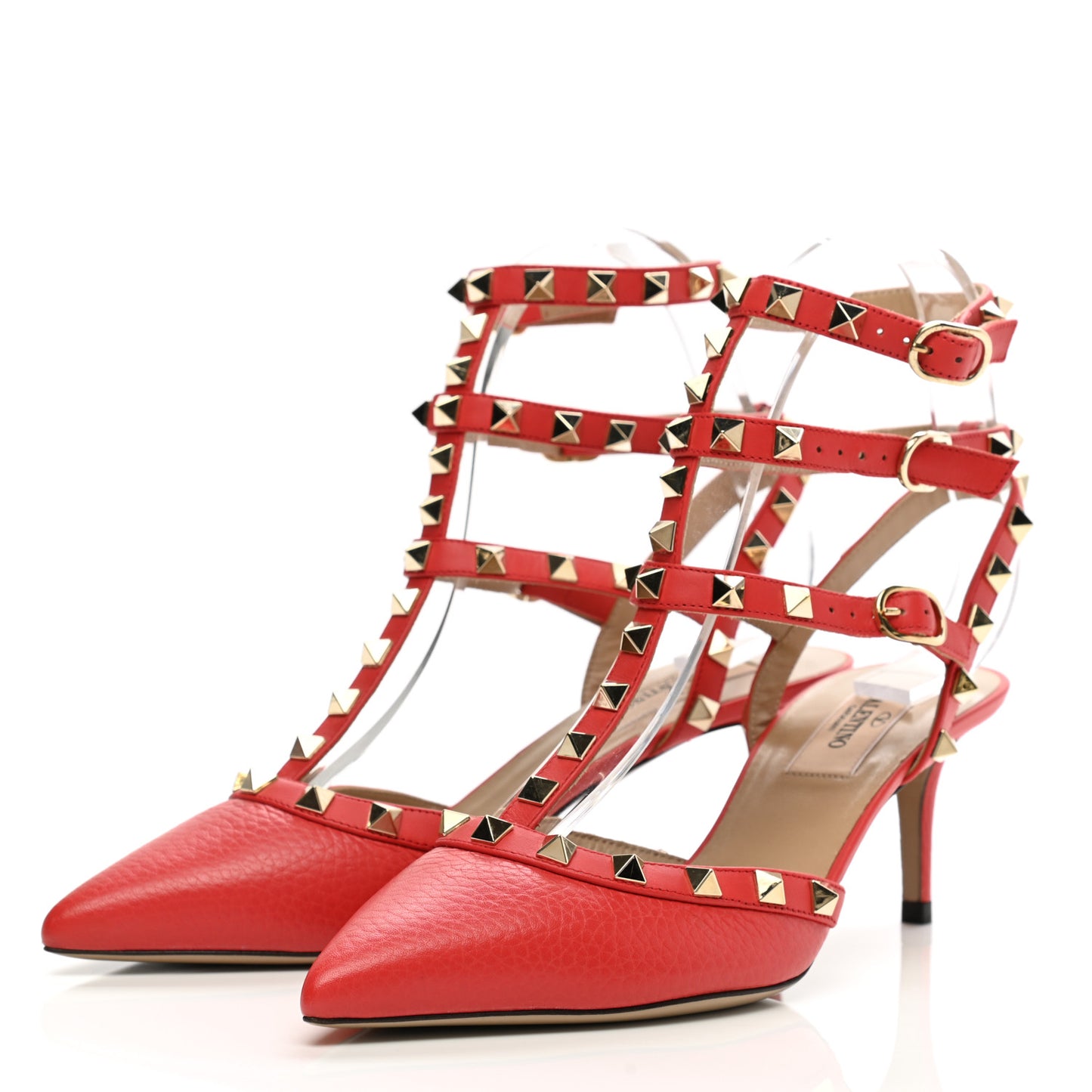 Pebbled Calfskin Rockstud Ankle Strap 65mm Pumps 36.5 Deep Coral