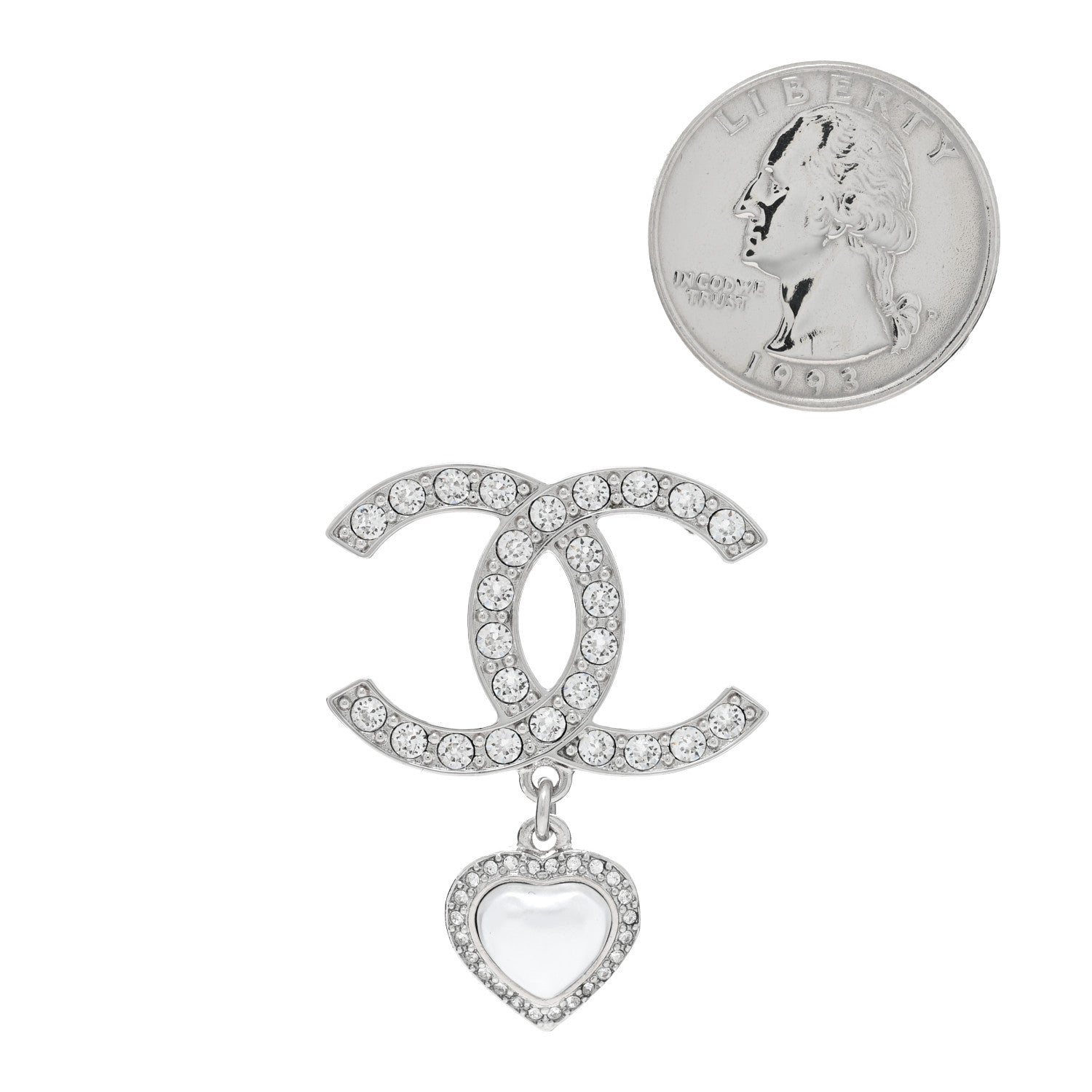 Chanel Crystal Pearl CC Heart Drop Brooch Silver 2 of 4