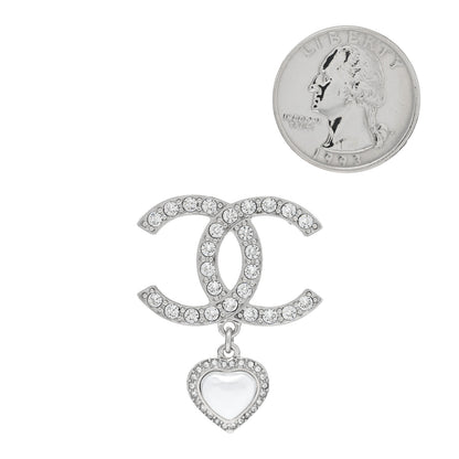 Chanel Crystal Pearl CC Heart Drop Brooch Silver 2 of 4