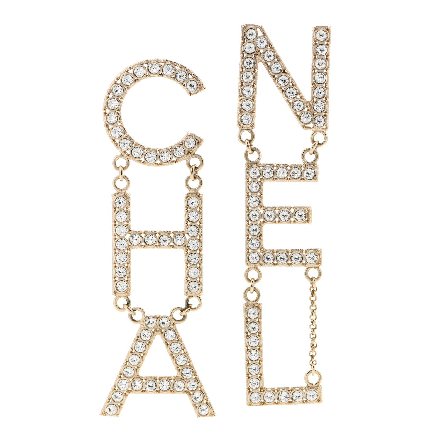 Chanel Crystal Cha-Nel Logo Drop Earrings Gold 1 of 4