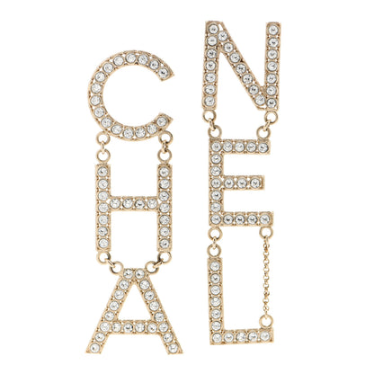Chanel Crystal Cha-Nel Logo Drop Earrings Gold 1 of 4