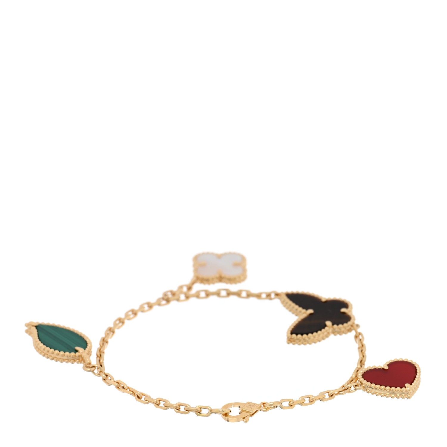 Van Cleef & Arpels 18K Yellow Gold Mother of Pearl Malachite Carnelian Tiger Eye 4 Motifs Lucky Alhambra Bracelet 2 of 4