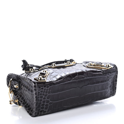 Balenciaga Shiny Supple Calfskin Crocodile Embossed Gold Metallic Edge Hardware Mini City Dark Grey 3 of 4
