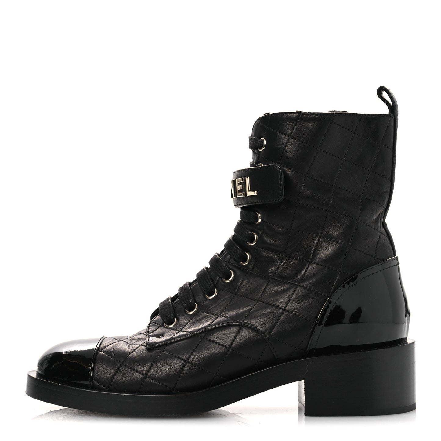 Lambskin Patent Calfskin Quilted Logo Lace Up Combat Boots 38 Black