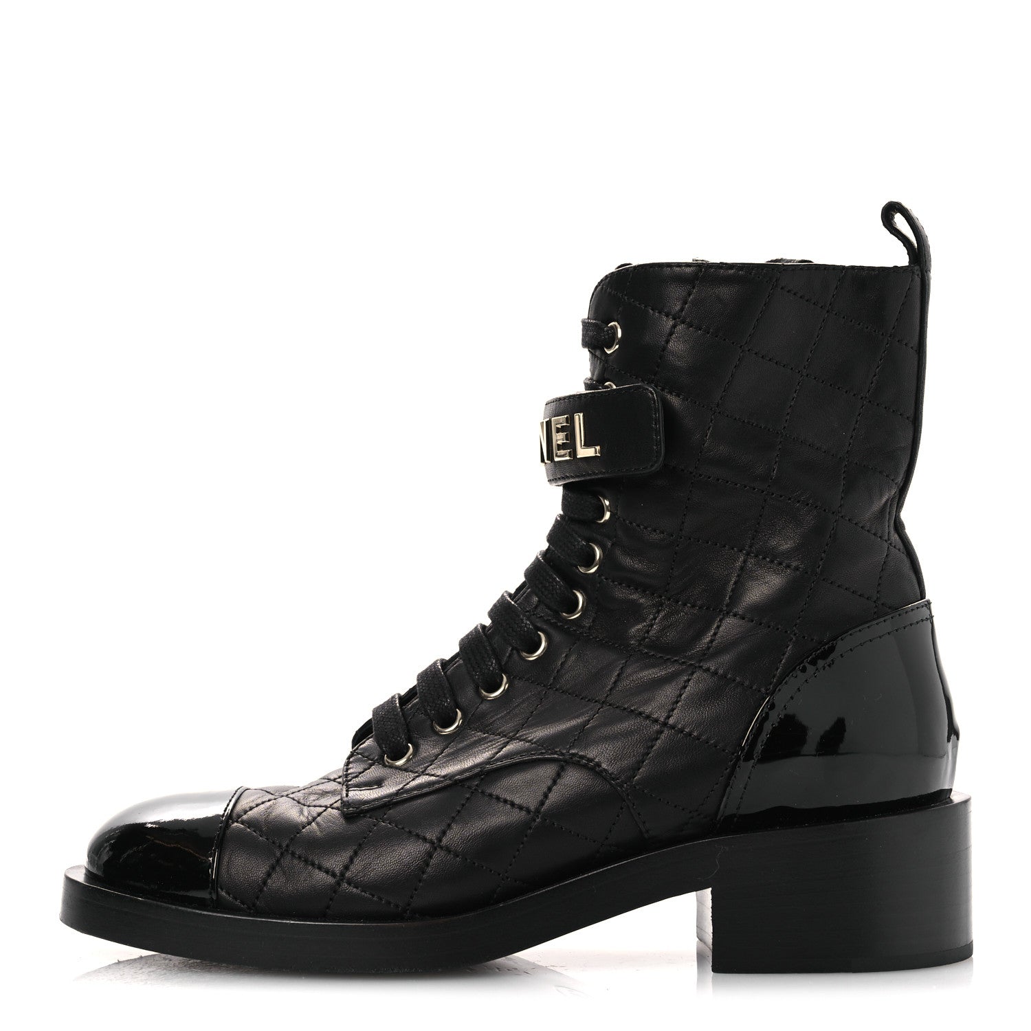 Chanel Lambskin Patent Calfskin Quilted Logo Lace Up Combat Boots 38 Black 1 of 11